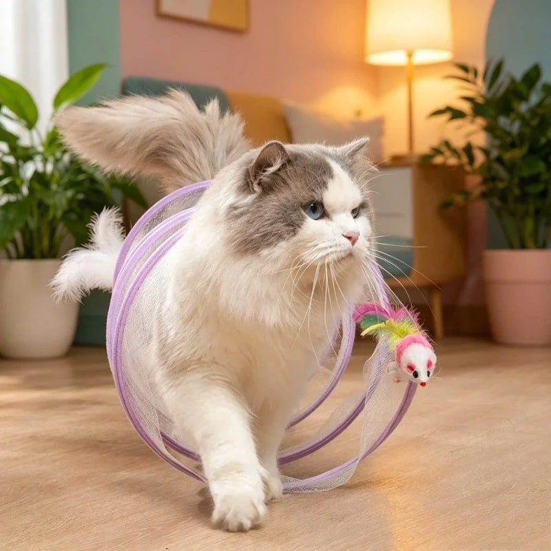 Collapsible Cat Tunnel Toy Spring Coil Tube with Mouse Interactive Indoor Cat Play Tunnel