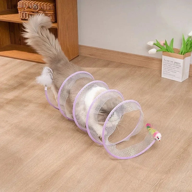 Collapsible Cat Tunnel Toy Spring Coil Tube with Mouse Interactive Indoor Cat Play Tunnel