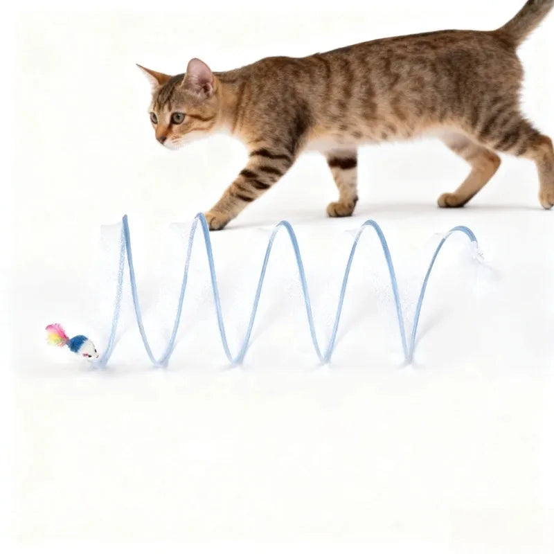 Collapsible Cat Tunnel Toy Spring Coil Tube with Mouse Interactive Indoor Cat Play Tunnel